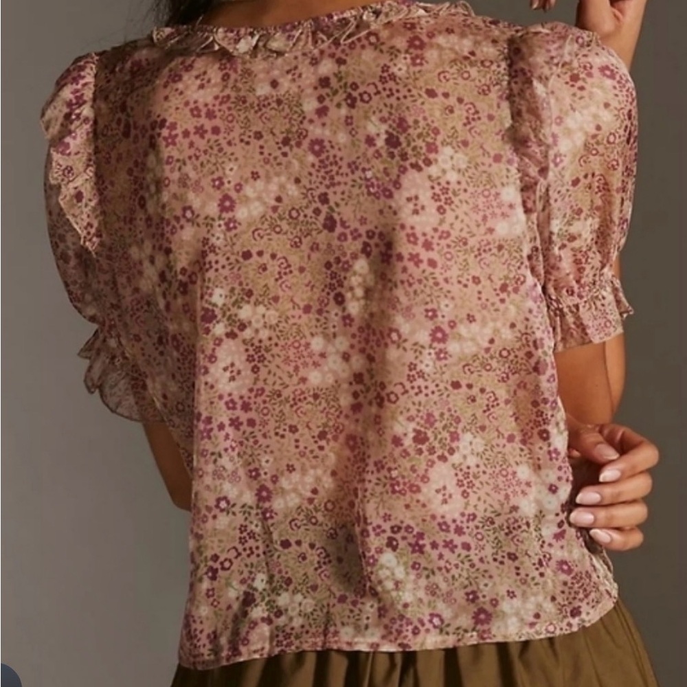 Anthropologie Pink Floral Ruffle V-Neck Blouse - Picture 3 of 7